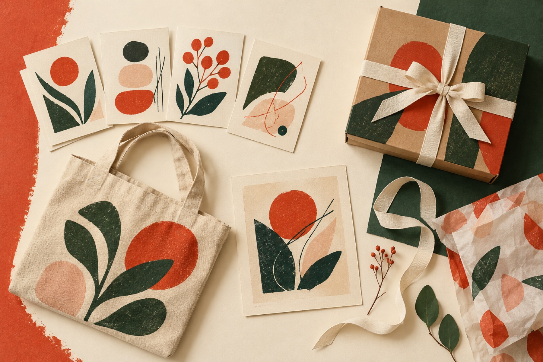Illustrated cards, tote, print, and gift box arranged in warm colors